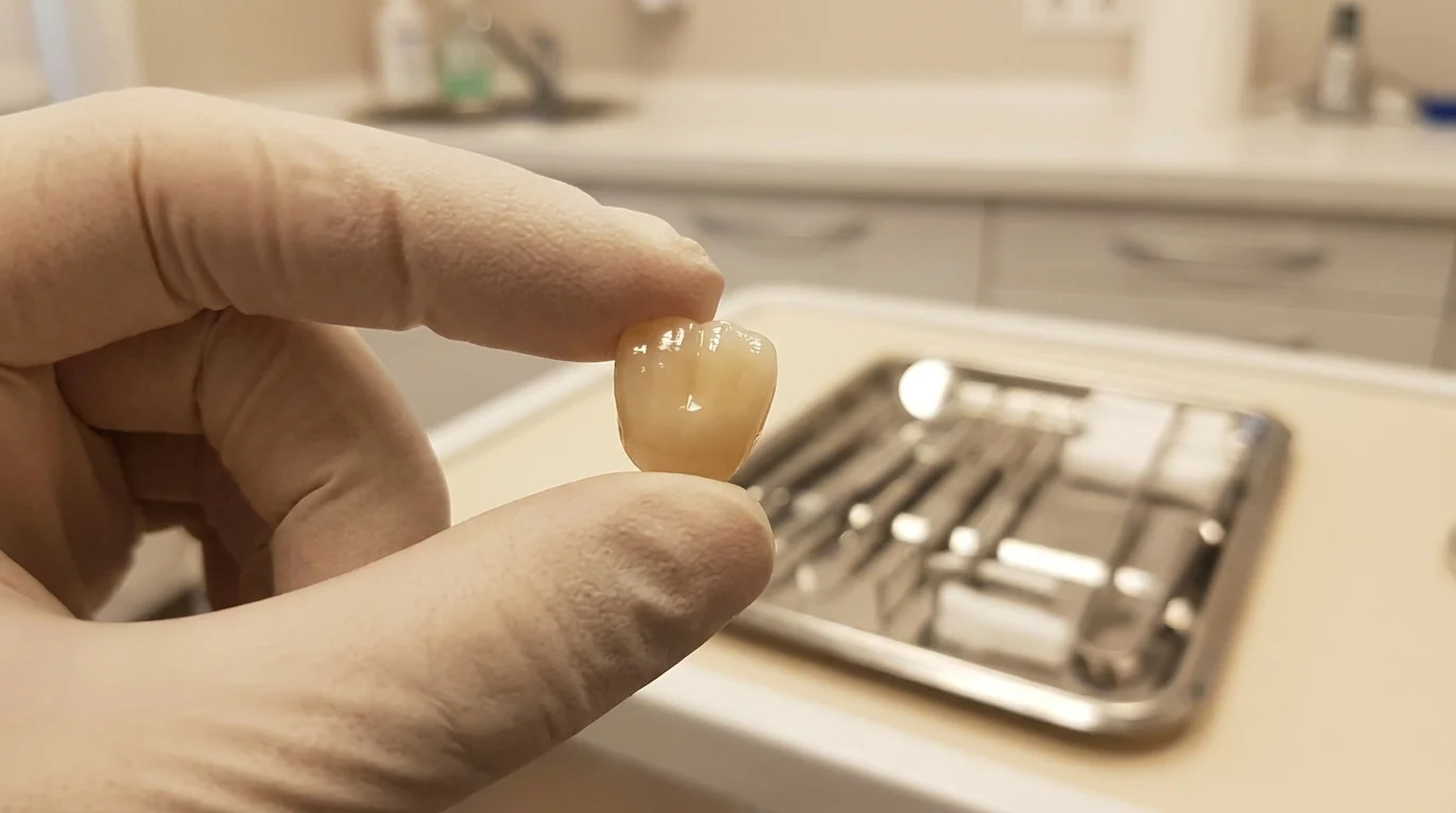 Close-up of a porcelain dental crown restoration